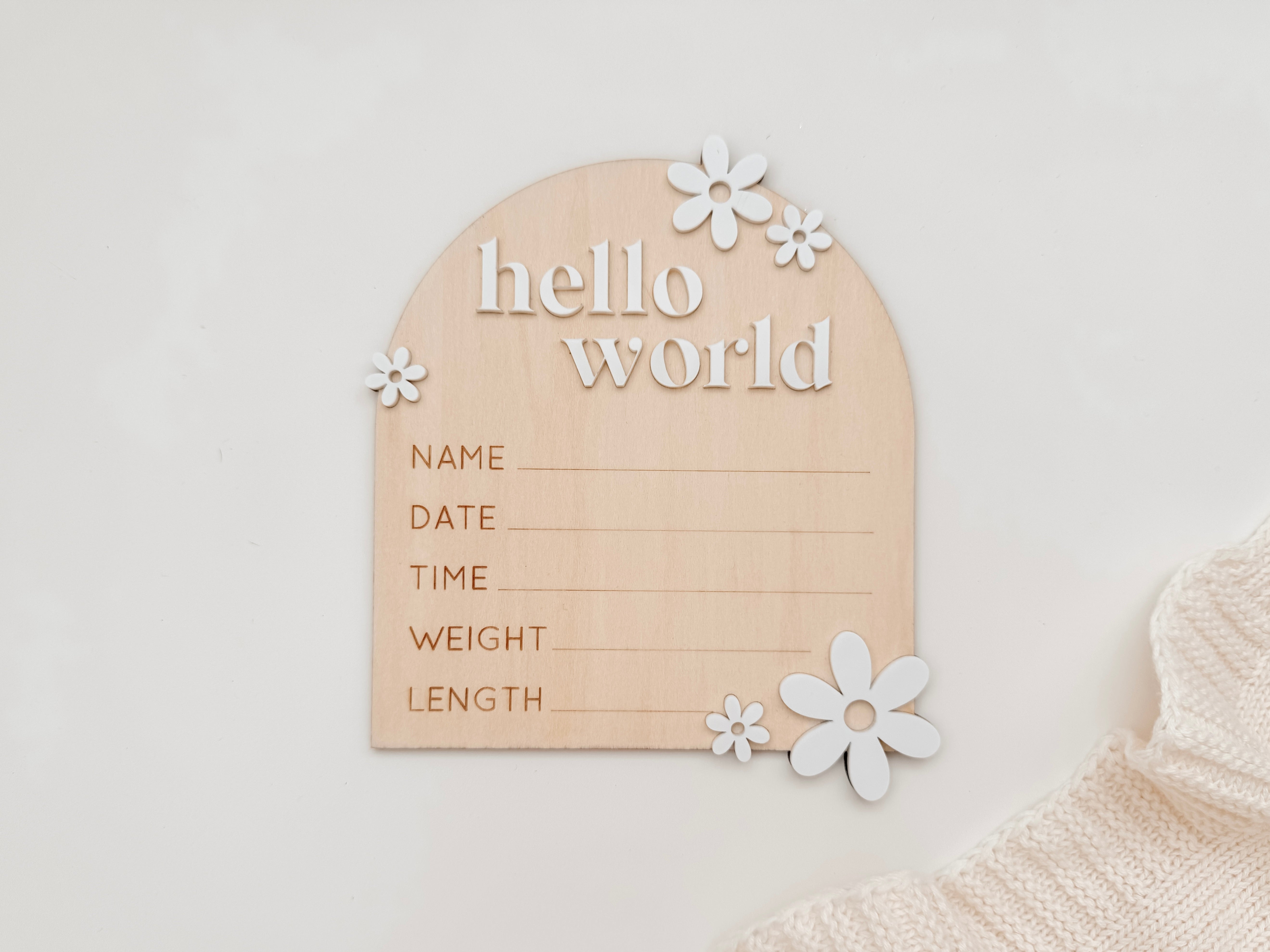 HELLO WORLD BIRTH ANNOUNCEMENT PLAQUE WITH FLOWERS
