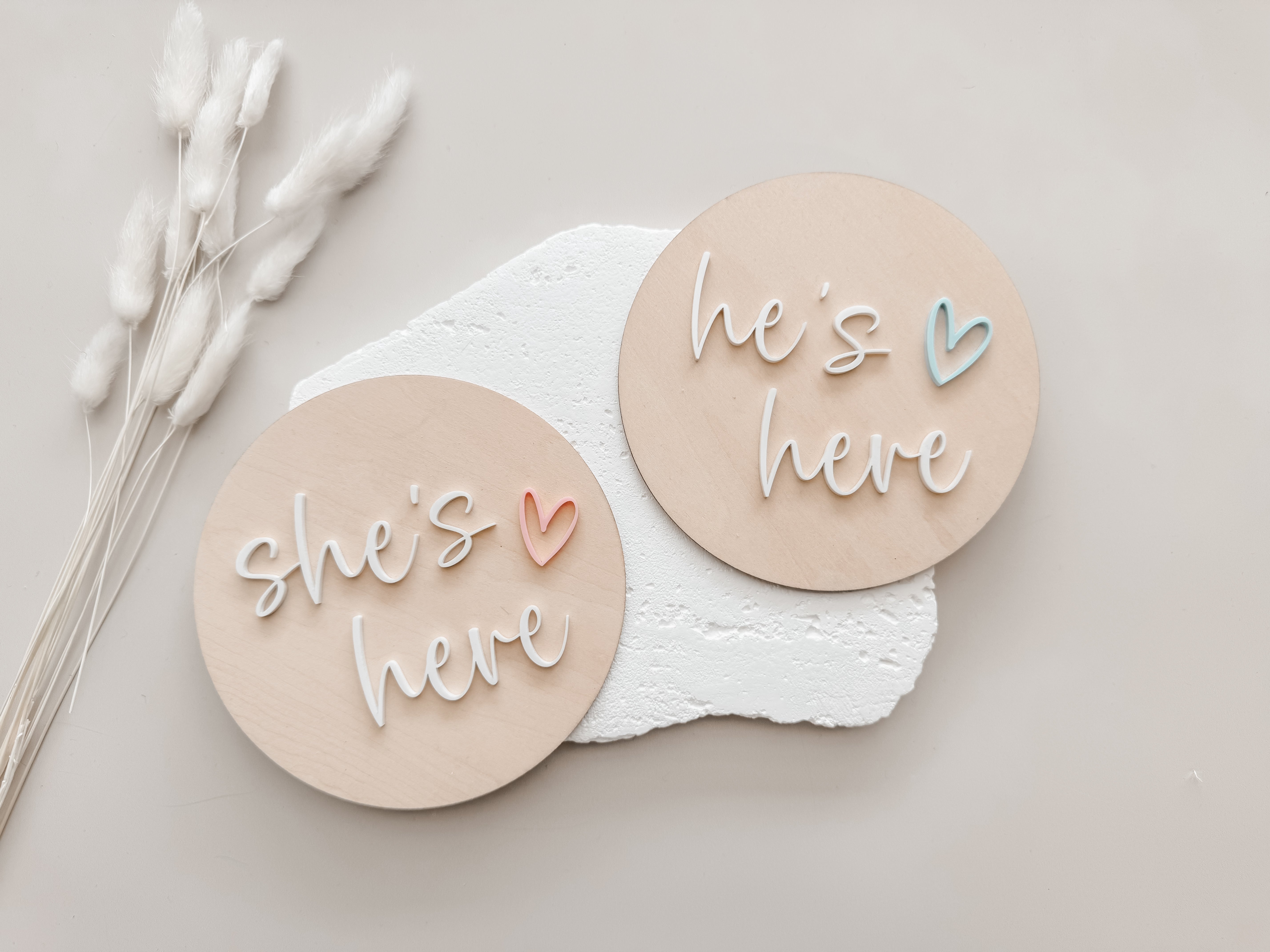 SHE'S HERE/HE'S HERE BIRTH ANNOUNCEMENT PLAQUE